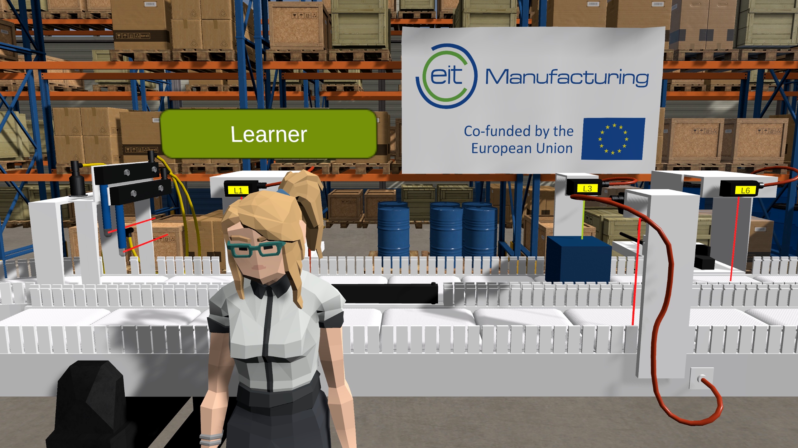Screenshot of a VR environment. An avatar of a learner is standing in front of a production line.