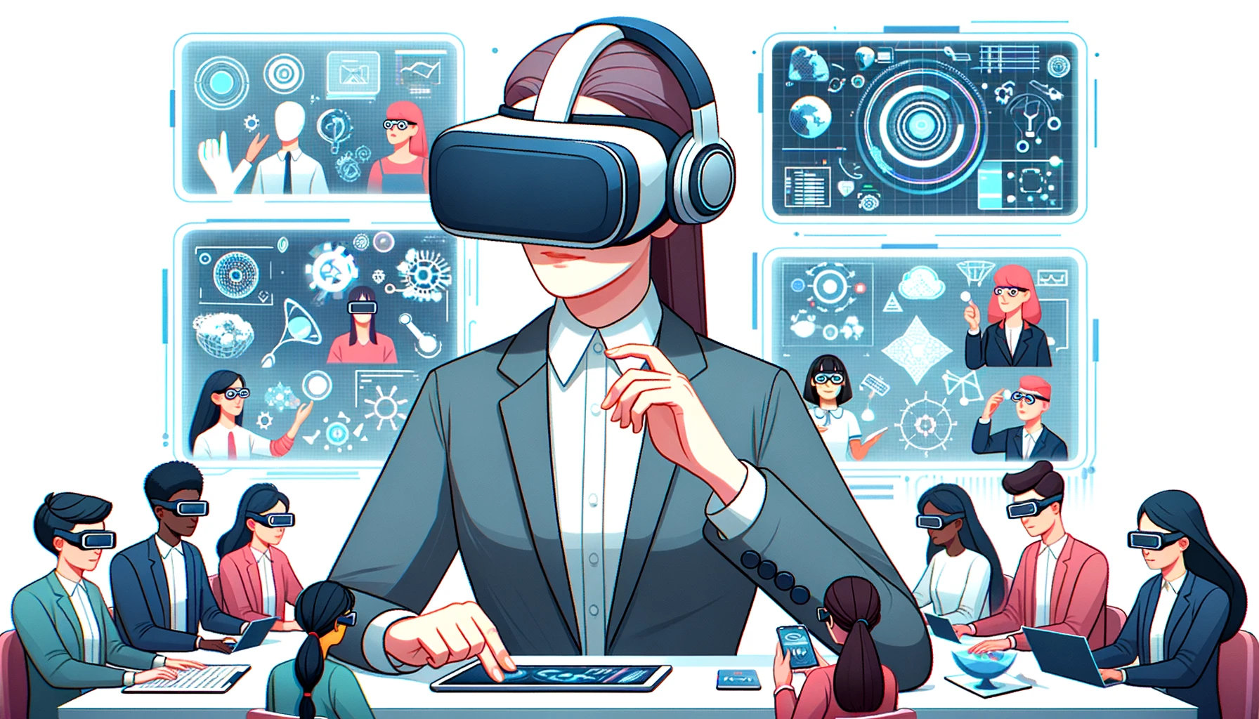 AI-generated illustration depicting a focused female educator immersed in a virtual environment using a VR headset. Behind her, diverse students engage in collaborative activities, with some donning bulky VR headsets, while others work without them. The setting is enhanced with holographic screens showcasing various educational tools and 3D models