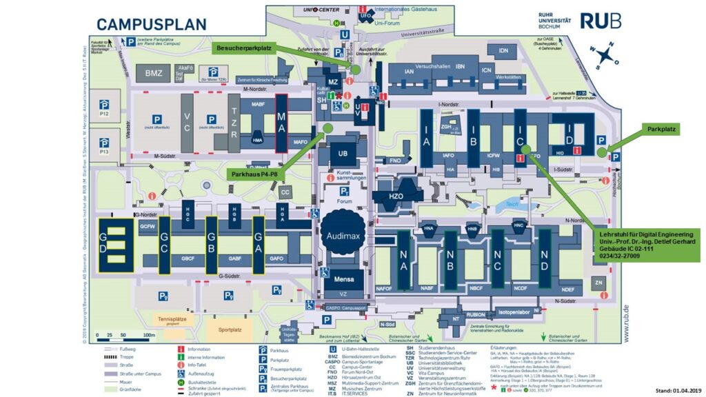 Campusplan der Ruhr-Universität. Markiert ist der Besucherparkplatz und der Standort des LDE im Gebäude IC auf Ebene 02.